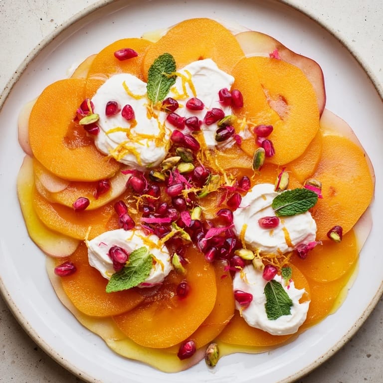 This elegant persimmon and pear snowscape offers a beautiful arrangement, perfect for a light dessert.