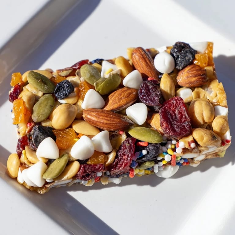 Delicious Winter Wonderland Trail Mix Bar cut in squares, coated with white chocolate and sprinkles.