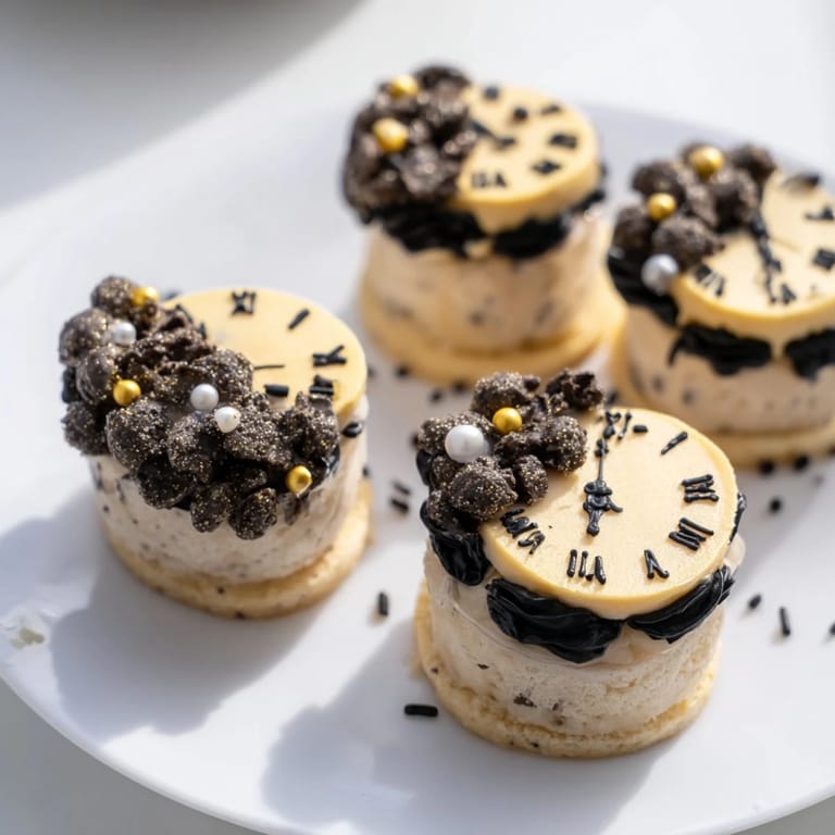 Brightly decorated Countdown Clock Mini Desserts, ready to celebrate right, with golden sprinkles and black frosting.