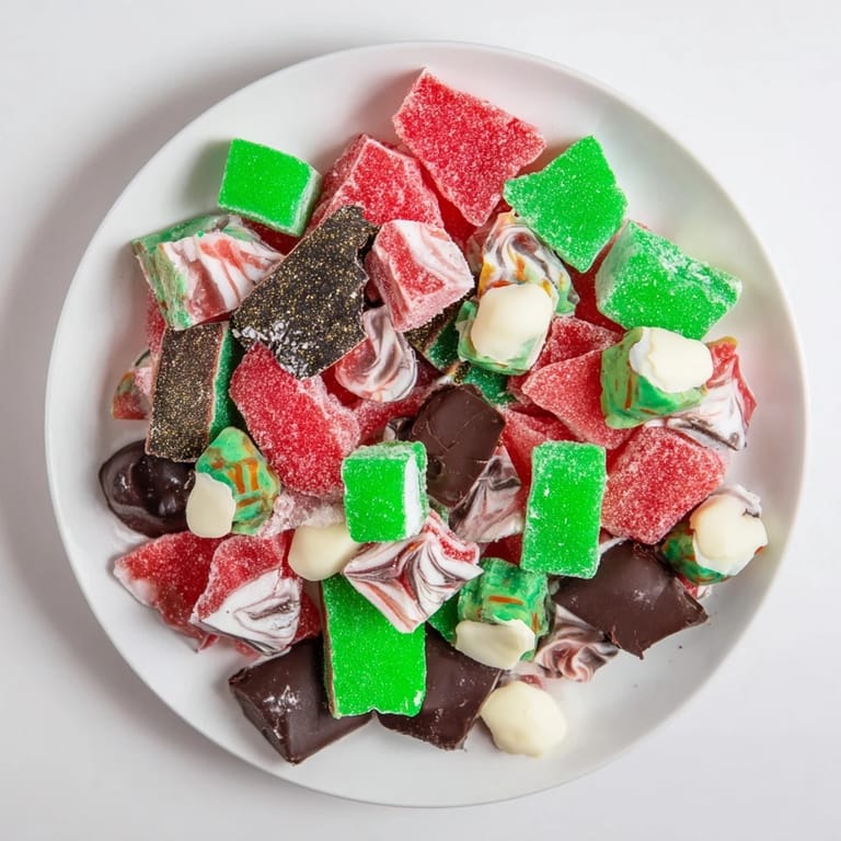 A close-up view shows sparkling detail of a festive Jingle Bell Rock Candy dessert platter for the holidays.