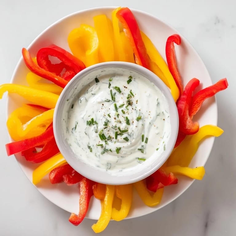 Crisp red, yellow, and green bell pepper strips surrounding the creamy Greek yogurt dip.