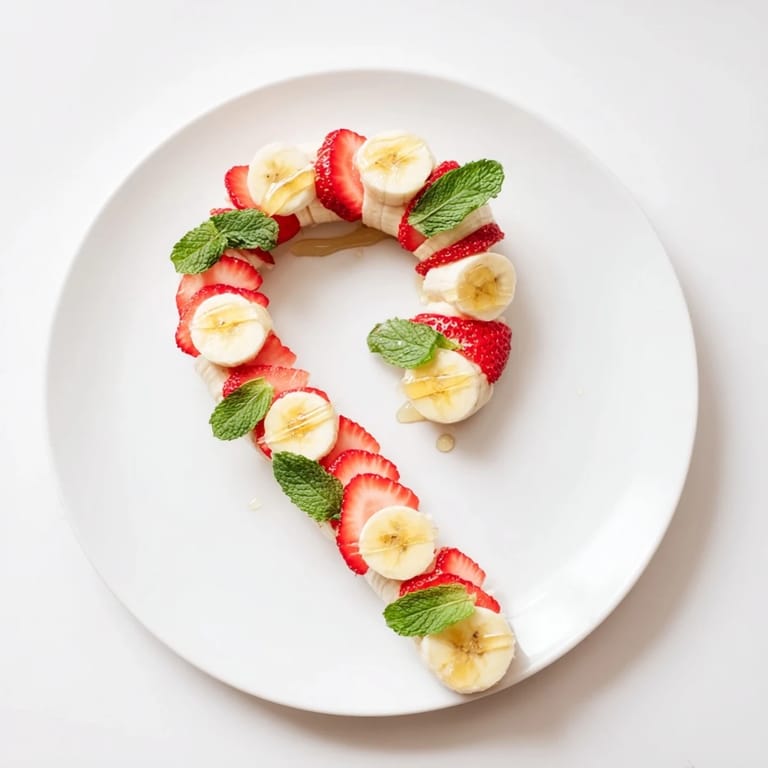 Picture a playful Banana Strawberry Candy Cane: a fun, easy, and healthy kids' snack, beautifully presented.