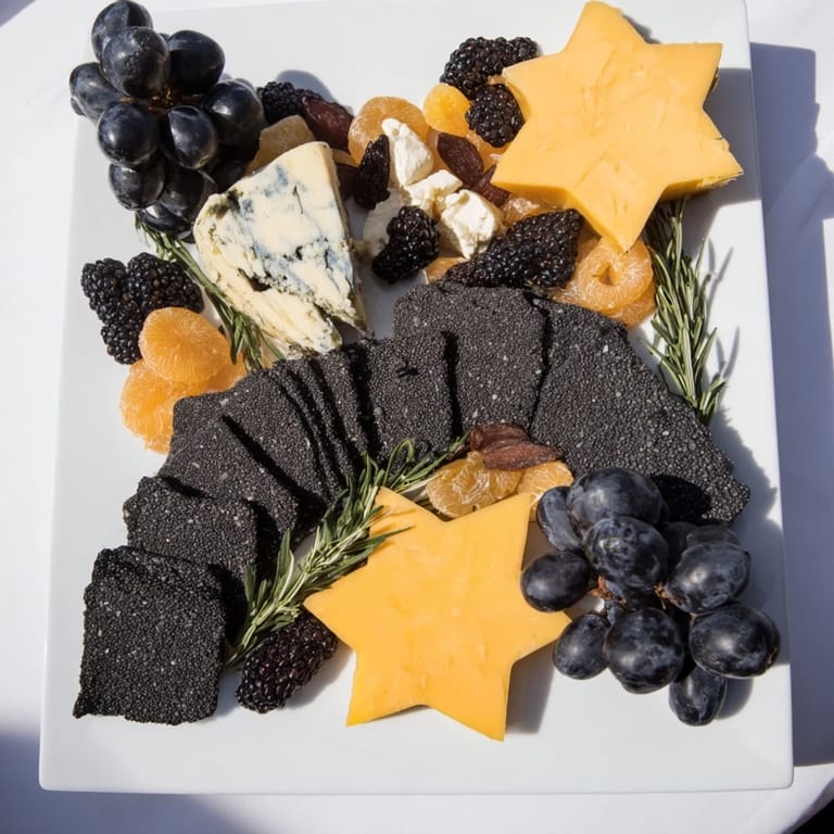 This photo features a fantastic Crescent Moon & Stars Cheese Board with crackers and cheese stars, garnished with fresh rosemary.