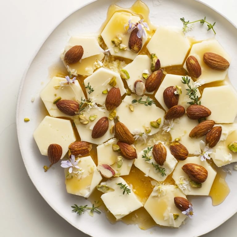 Golden honey glistening over this visually stunning Honeycomb Hexagon Maze cheese platter, perfect for sharing.