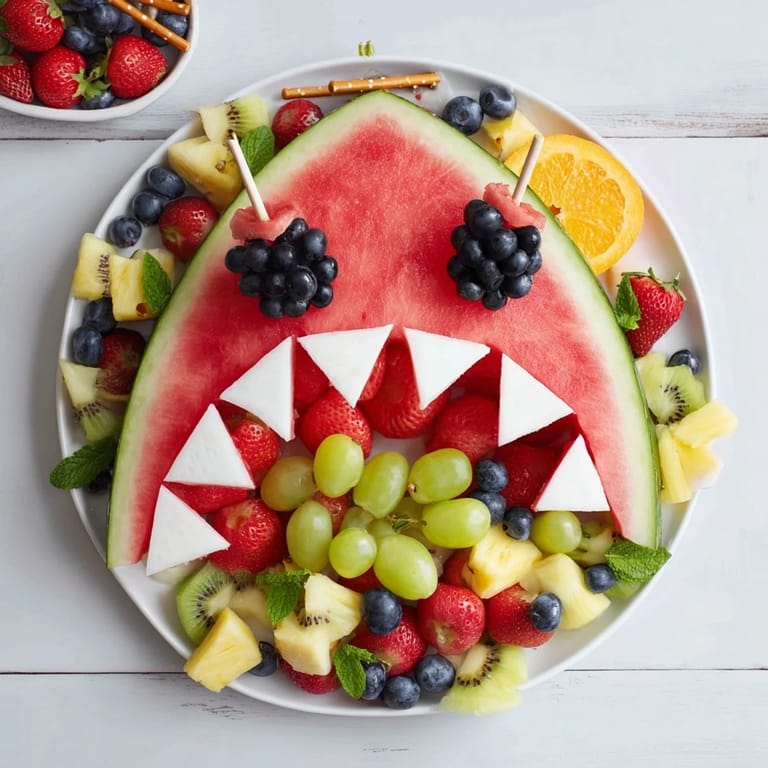 A colorful summer Watermelon Wave Shark Snack Board, featuring a carved melon shark and fresh, sweet fruits.
