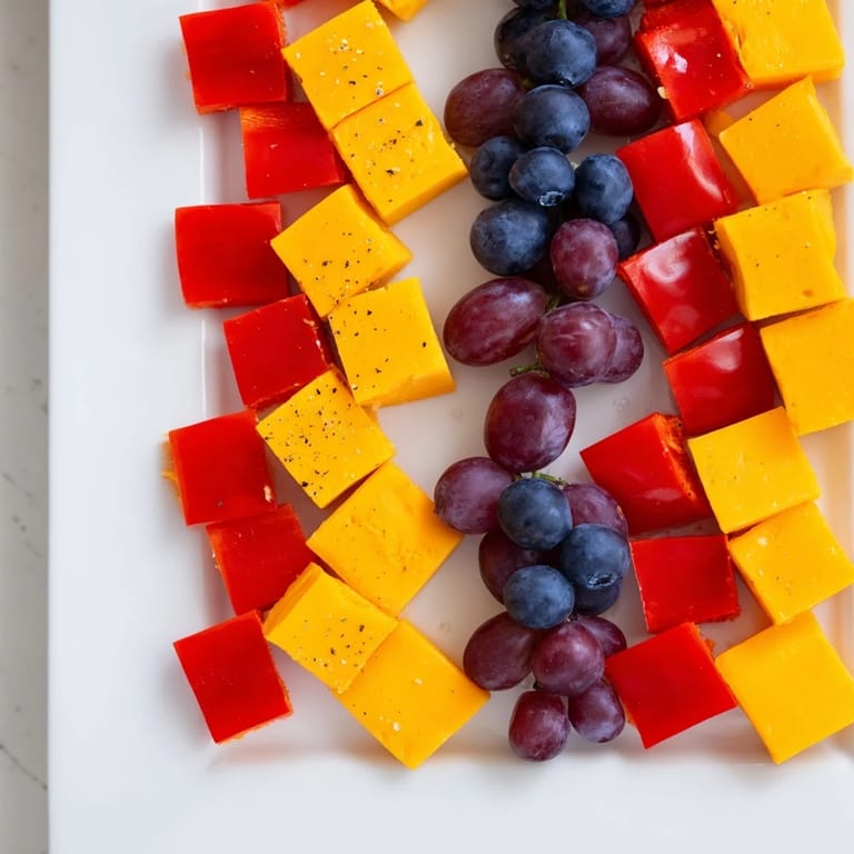 A visually appealing Bauhaus Block recipe, a colorful appetizer with fresh bell peppers, cheese, and grapes.