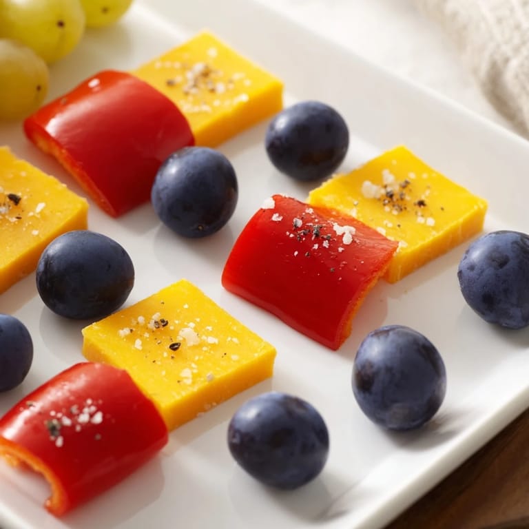 Geometric Bauhaus Block creation: A delicious appetizer with cheese, peppers, grapes, ready to serve immediately.
