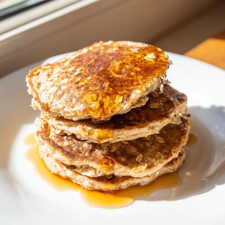 Fluffy banana oat pancakes, cooked to perfection, sit on a plate with fresh berries for breakfast.