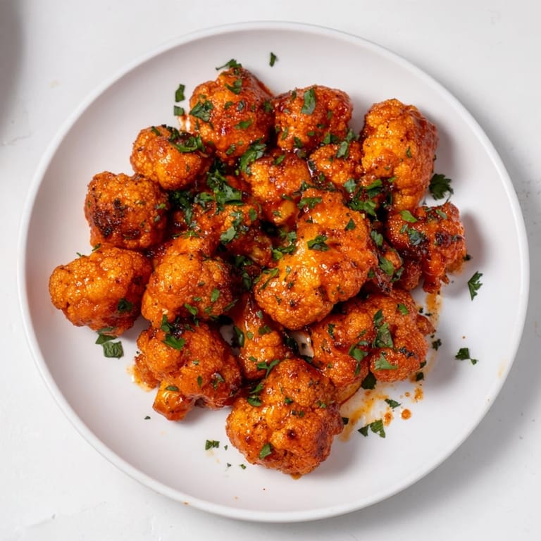 These saucy Sriracha-Buffalo Cauliflower Bites are piled high, promising a flavor explosion with every bite.