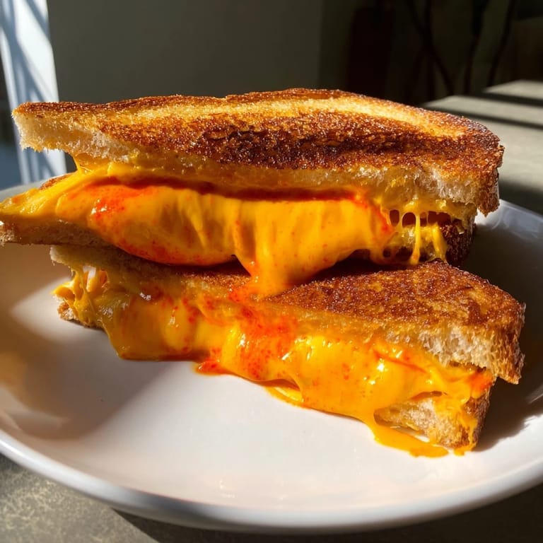 Perfectly grilled Spiked Grilled Cheese sandwich, showcasing a cheesy, melty interior, ready to be sliced and enjoyed.