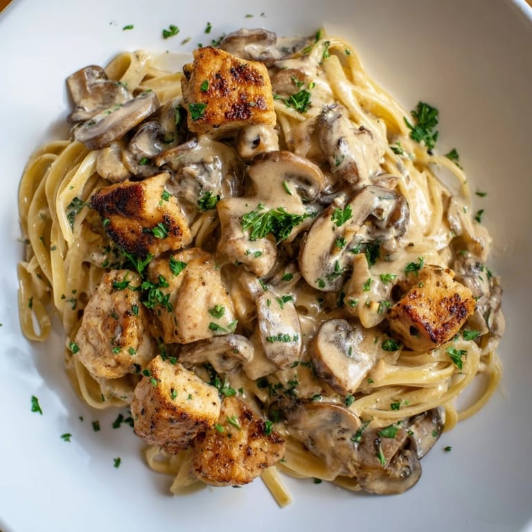 A creamy, decadent serving of mushroom chicken pasta: tender chicken, rich sauce, and fresh green parsley.