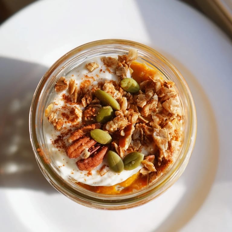 Enjoy a layered Pumpkin Yogurt Parfait bursting with autumn flavors: spiced pumpkin purée and creamy yogurt.