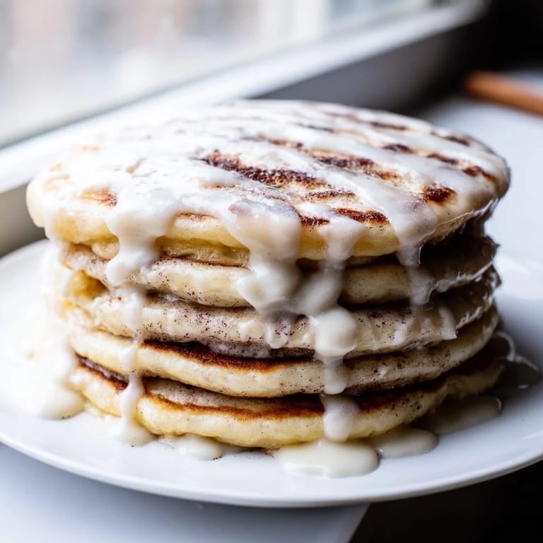 Warm, fluffy cinnamon roll pancakes, drizzled with sweet cream cheese frosting, ready to eat.