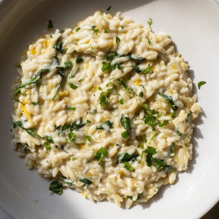 Beautiful photo of a comforting One-Pot Creamy Orzo, the creamy pasta dish, on a white table.