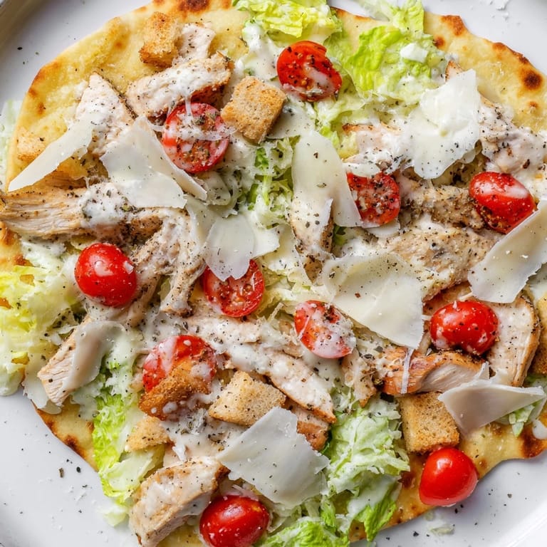A close-up of a fully-loaded Chicken Caesar Flatbread, ready to enjoy this tasty American meal.