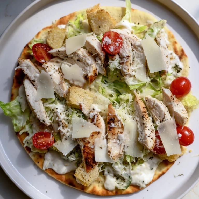 Sliced Chicken Caesar Flatbread with melted mozzarella cheese and creamy Caesar dressing visible.
