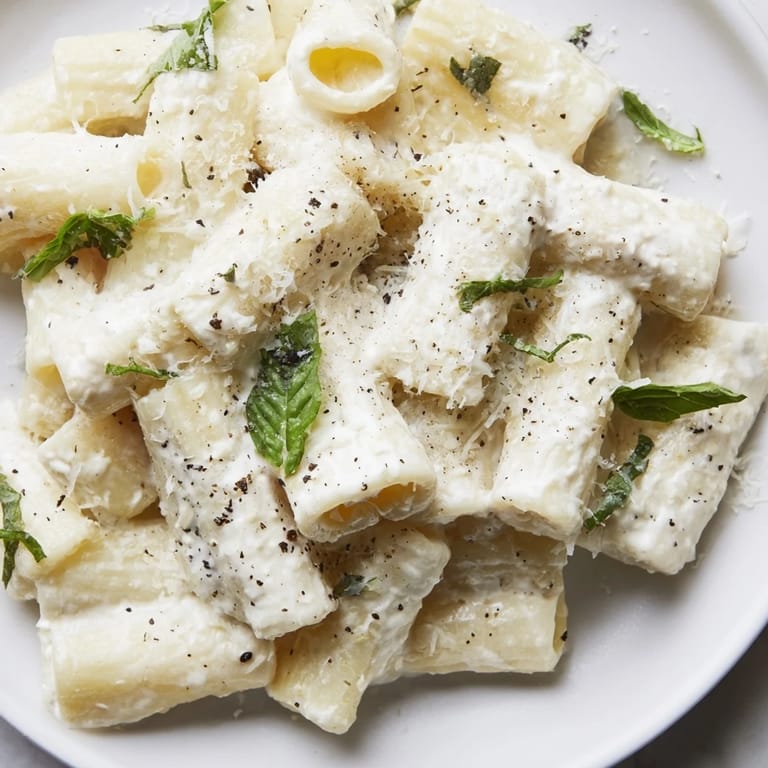 Tender pasta in creamy Cottage Cheese Pasta, garnished with fresh basil, Parmesan, and a sprinkle of chili flakes.