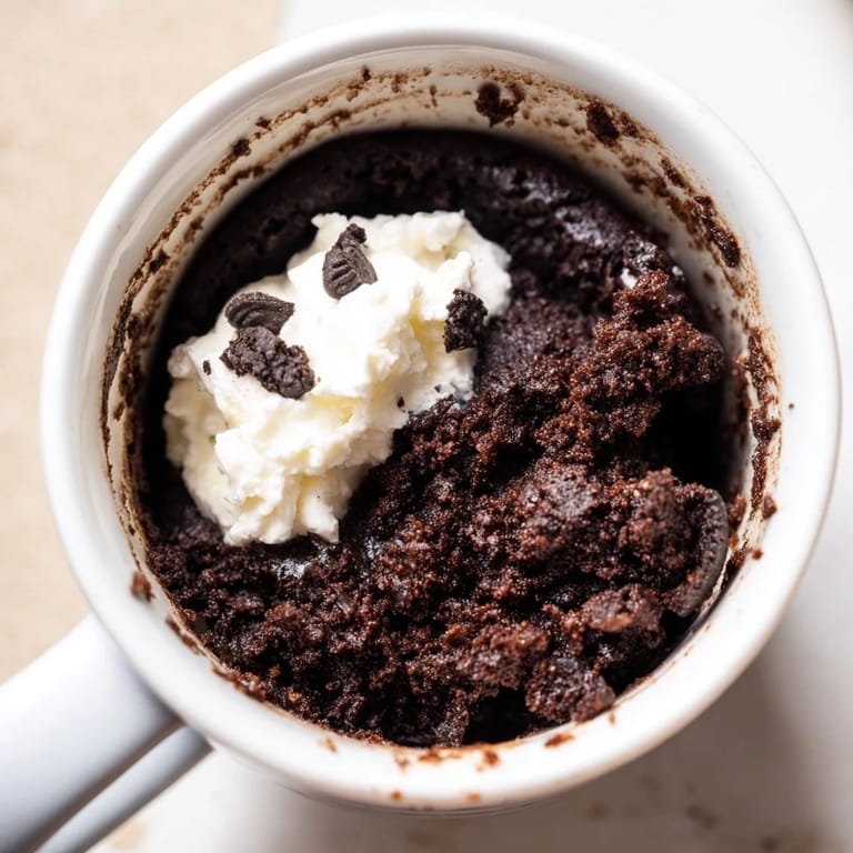 This easy Oreo mug cake, served in a mug, looks soft and ready to eat, a perfect treat.