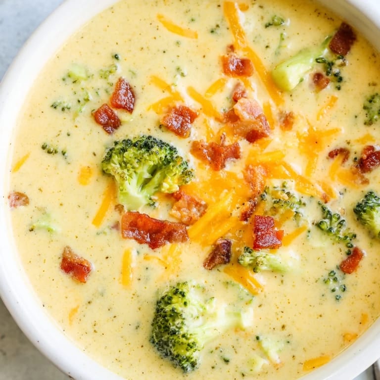 Thick, yellow Broccoli Cheddar Soup with melted cheese and fresh, vibrant green broccoli florets.