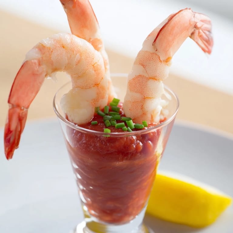 Succulent cooked prawns nestled in tangy sauce: a classic retro prawn cocktail shooter creation.