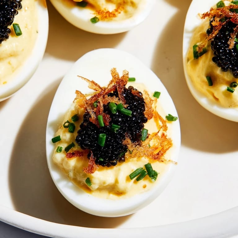 Luscious deviled eggs showcase creamy filling under beautiful caviar and golden crispy shallots, ready to serve.