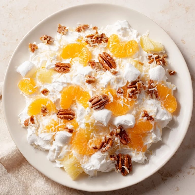 Luscious close-up of Elevated Ambrosia Salad showcasing fluffy marshmallows and sweet coconut garnishes.