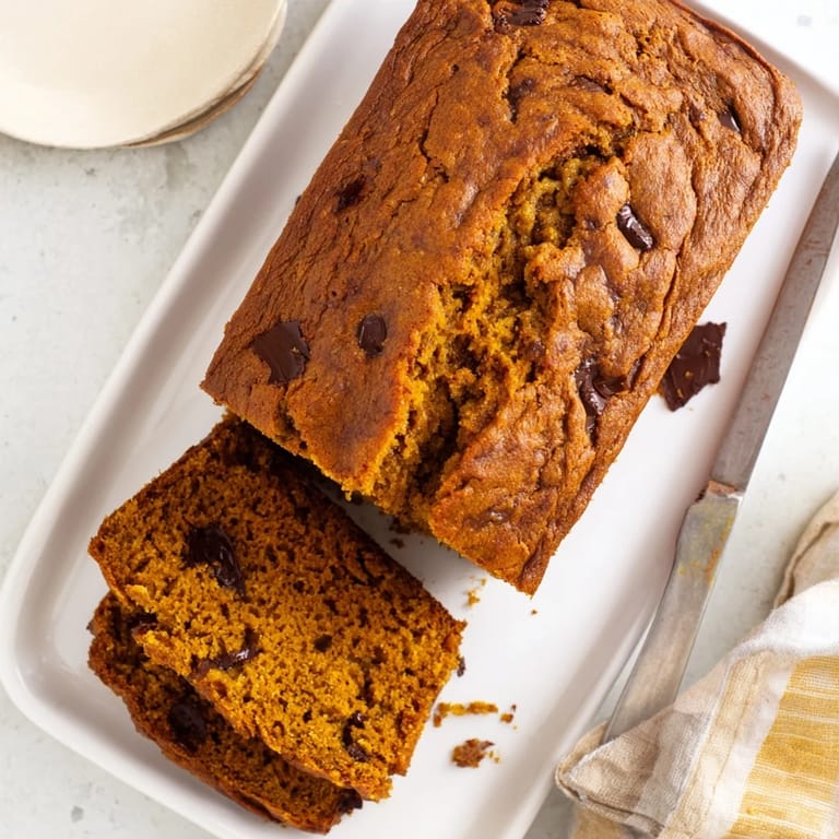 Thick slice of Pumpkin Bread Loaf served on a rustic plate with a steaming mug of coffee for breakfast.