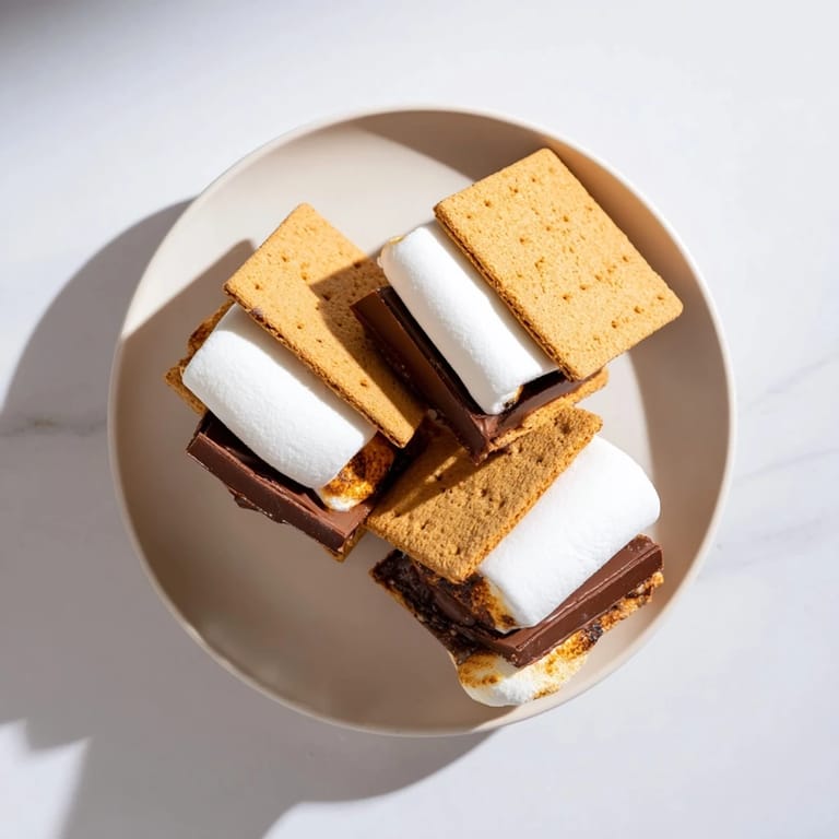 Quick air fryer s'mores recipe stacked high, melted chocolate and toasted marshmallows between crunchy graham crackers.