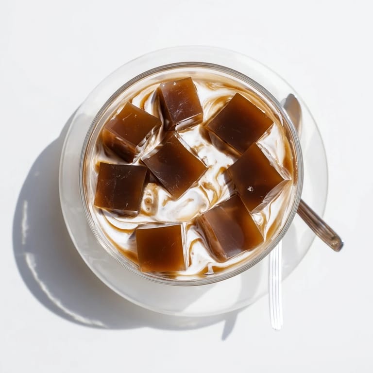 A spoon scoops into Coffee Jelly Dessert, revealing glossy coffee cubes nestled in soft whipped cream, served chilled for a refreshing, elegant bite.  