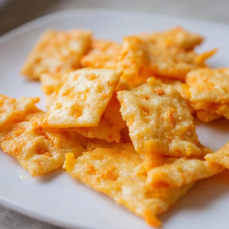 Oven-baked Crispy Cheeto Cheese Crackers arranged on a rustic wooden board next to a glass of cold milk.