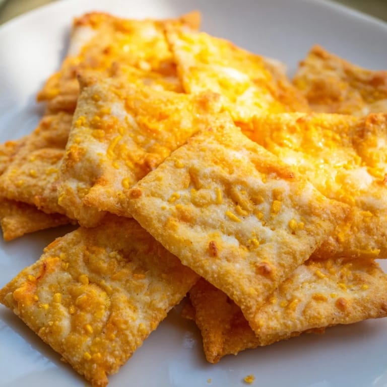Freshly baked Crispy Cheeto Cheese Crackers cut into squares with a knife, highlighting the cheesy, bold seasoning.
