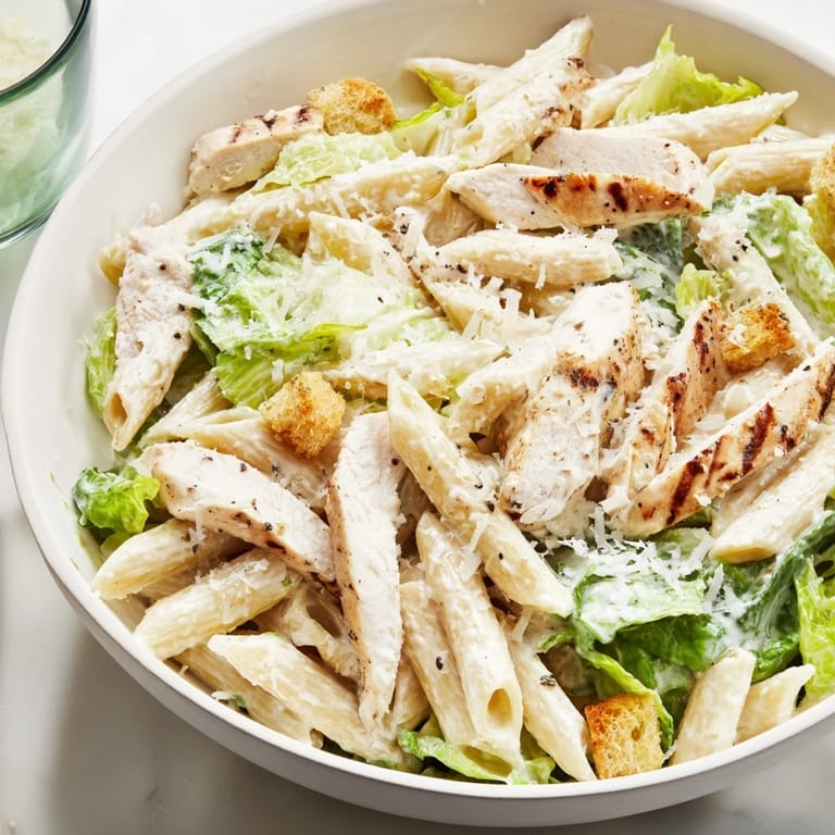 A Caesar Pasta Chicken Bowl garnished with shaved Parmesan and halved cherry tomatoes, served warm on a dinner table.