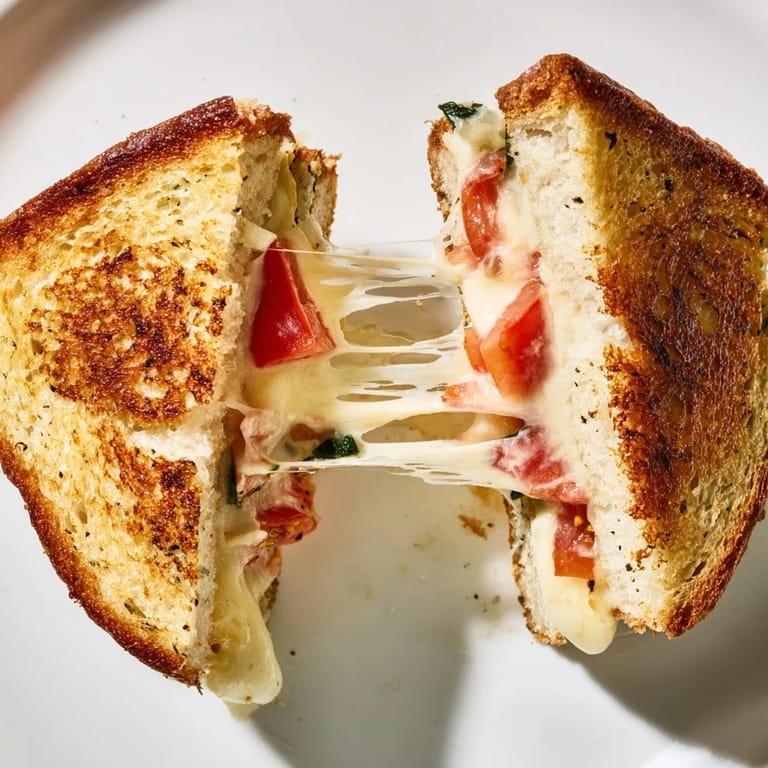 A perfectly grilled Pepper Jack & Tomato Grilled Cheese cut in half, displaying steamy, melted pepper jack and bright red tomato inside.