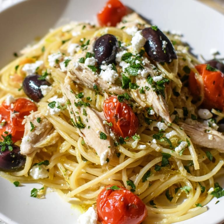 A colorful plate of Greek Chicken Spaghetti with cherry tomatoes, red onion, and fresh parsley, ready for a Mediterranean dinner.