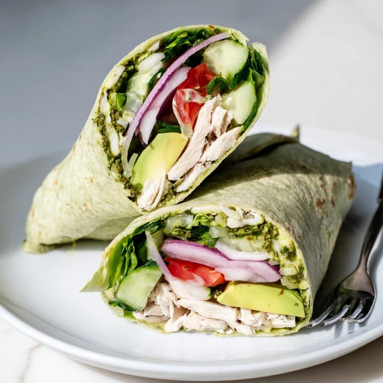 Assembled chimichurri chicken salad wrap with juicy chicken, mixed greens, and a drizzle of herby sauce on a wooden board.