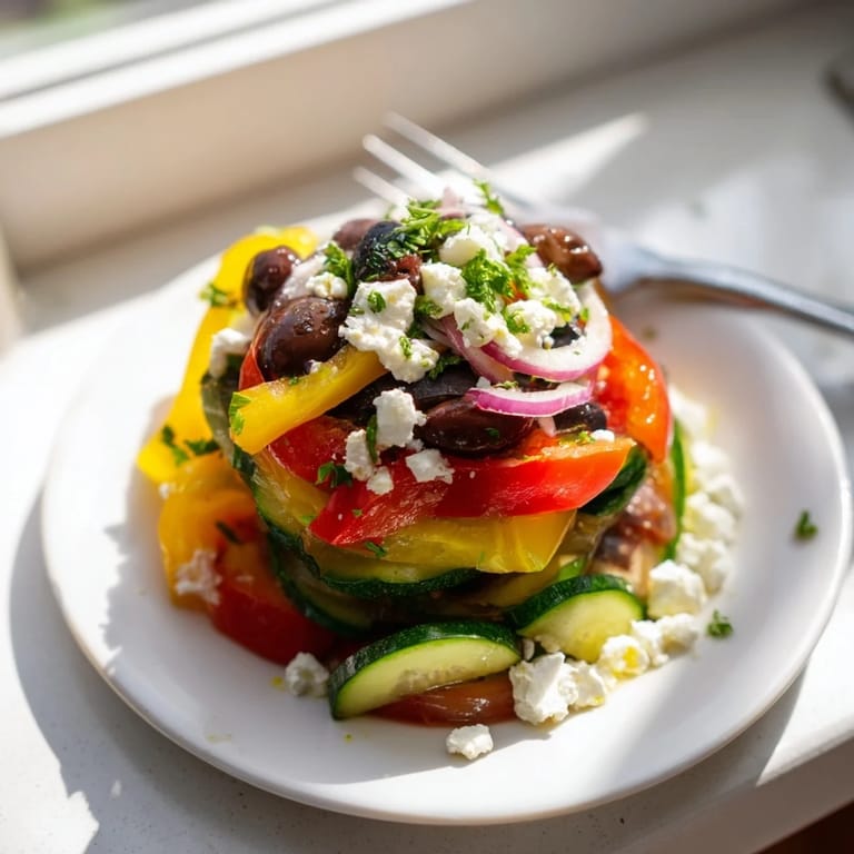 A warm Roasted Greek Salad featuring tender roasted vegetables, Kalamata olives, and zesty lemon dressing.  