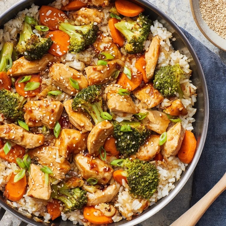 A close-up shot of tender chicken, crisp broccoli, and savory rice coated in a sweet garlic sauce, garnished with sliced green onions and sesame seeds for a vibrant weeknight meal.