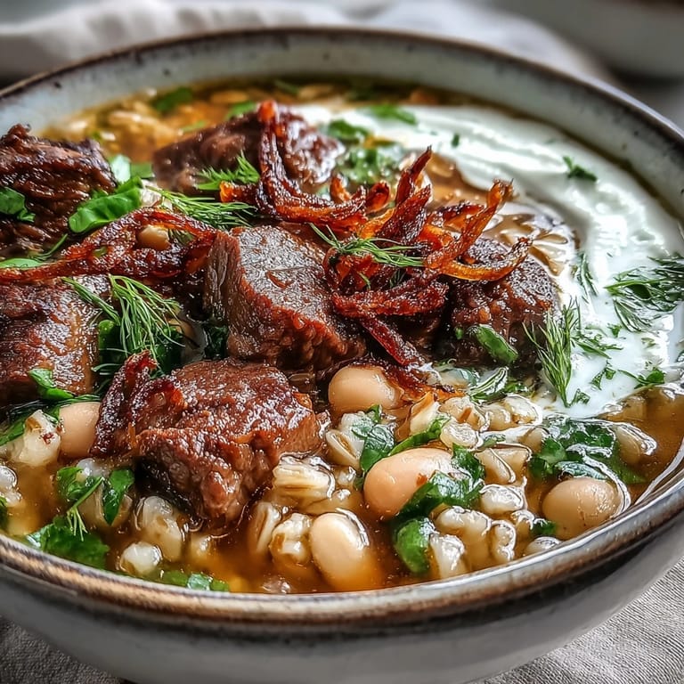 Close-up of Beef Barley Soup in a bowl featuring aromatic mint-fried onions and a dollop of sour cream, served with bread.