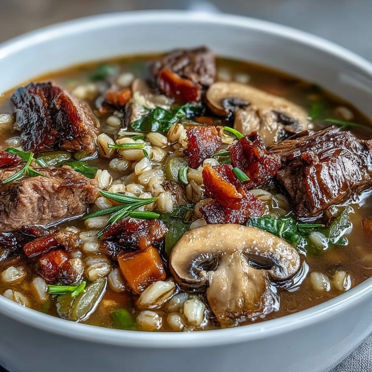 Tender beef and sautéed baby bella mushrooms in a rich, savory broth with barley.