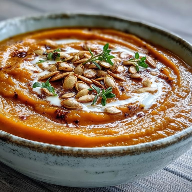 A close-up of velvety Roasted Butternut Squash Soup in a white bowl, topped with toasted seeds and thyme.