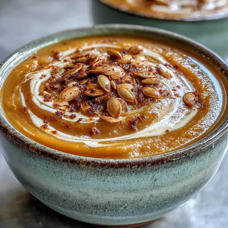 Spoon-ready bowl of velvety butternut squash soup, garnished with fresh thyme and a swirl of coconut cream.