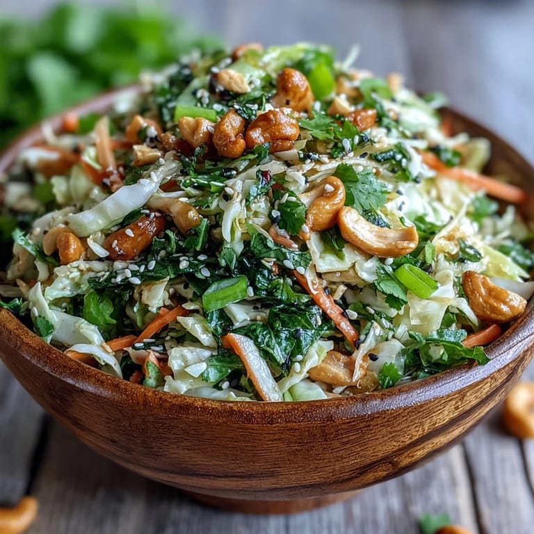 Bright green onions and cilantro are scattered over the vibrant crunchy salad, with a small spoon drizzling sesame ginger dressing for extra flavor. 