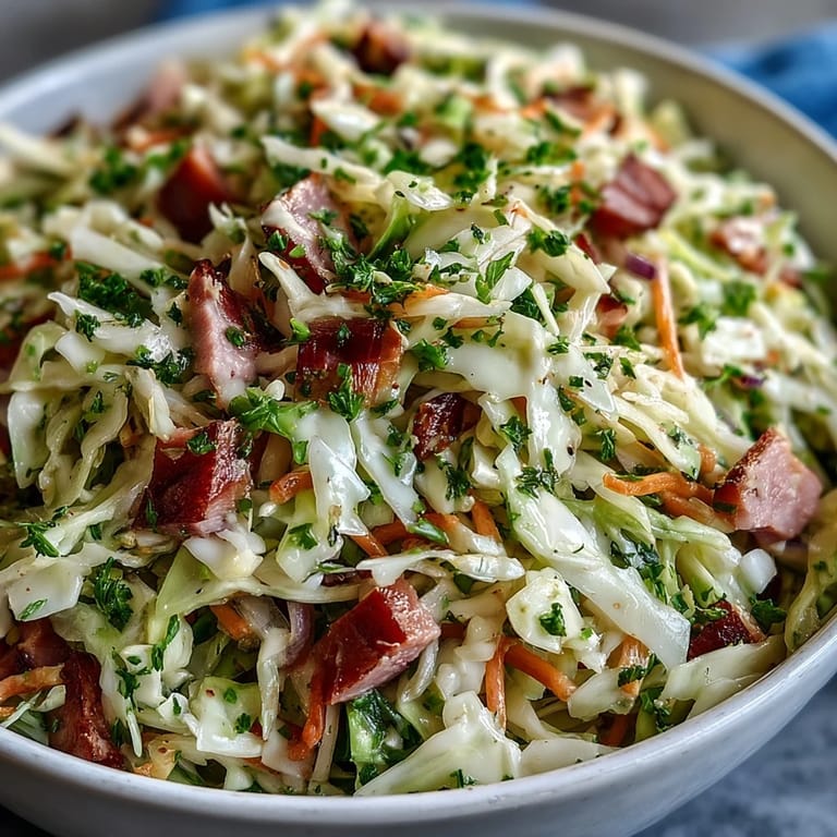 Close-up of German Cabbage Coleslaw With Shredded Ham showing shredded carrots, red onion slices, and textured smoked ham tossed in a glossy, Dijon-spiked dressing.