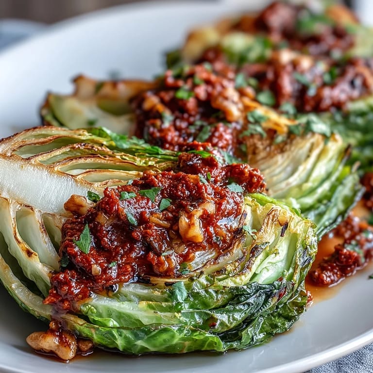 Golden caramelized Baked Cabbage Salad With Winter Romesco wedges drizzled with bold nutty red sauce.