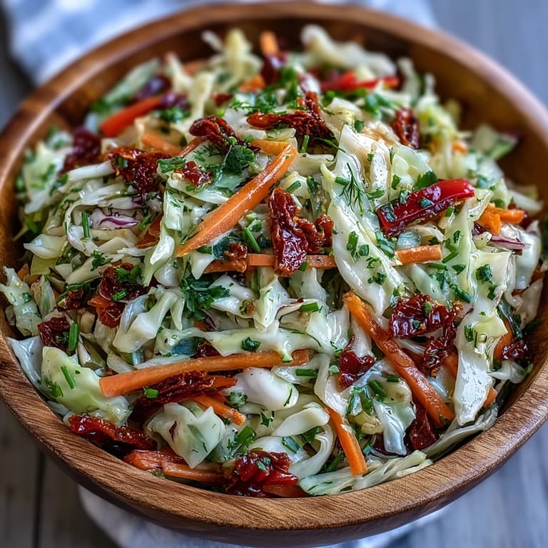 Freshly tossed Cabbage Salad With Sundried Tomatoes showcases colorful red cabbage, green cabbage, carrots, and bell peppers for a crunchy, refreshing bite.