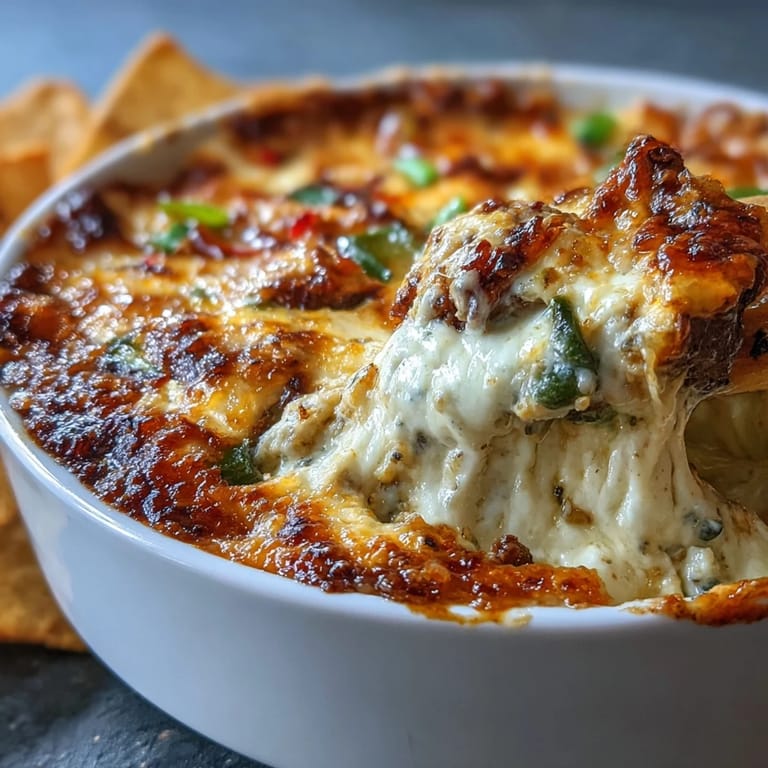 Close-up of bubbly Philly Cheesesteak Dip featuring savory shaved steak, sautéed onions, and creamy provolone in a ceramic dish.  