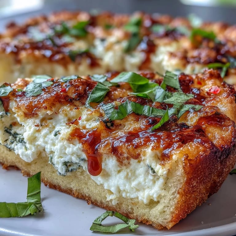 A slice of Hot Honey Ricotta Pizza being lifted, revealing fluffy crust, creamy ricotta, and sweet-heat honey drizzle.