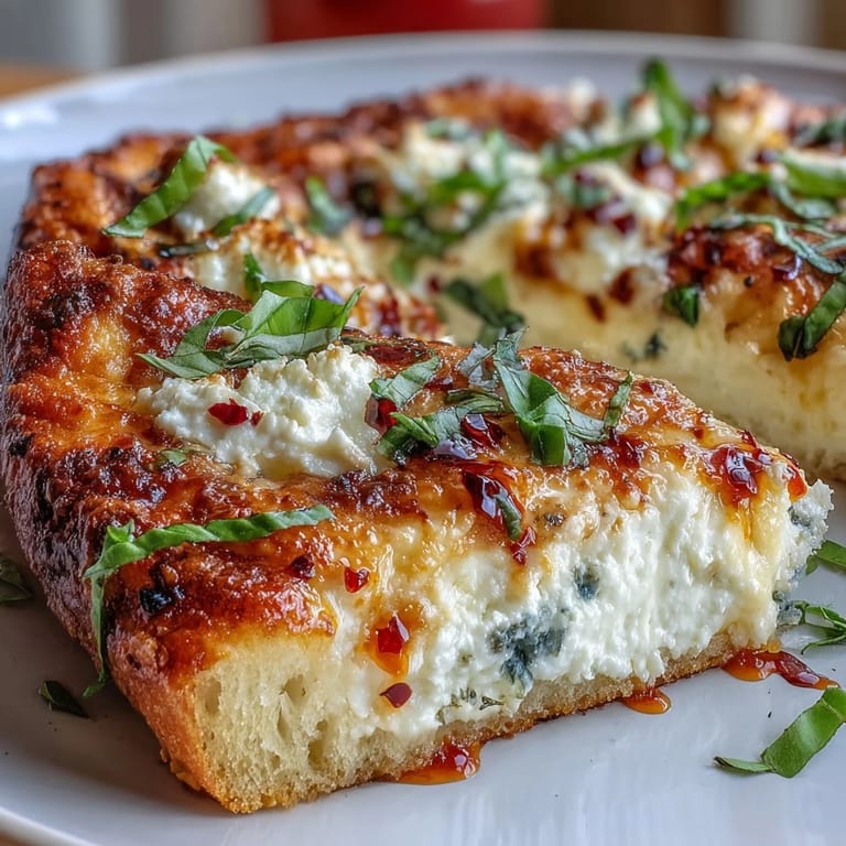 Close-up of Hot Honey Ricotta Pizza featuring fresh basil leaves, melted cheese, and glistening spicy honey over the crust.