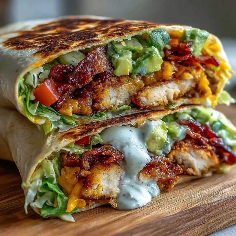 Close-up of a toasted flour tortilla wrap with seared chicken strips, crunchy bacon, melted cheddar, and avocado slices, served with a side of dipping sauce.