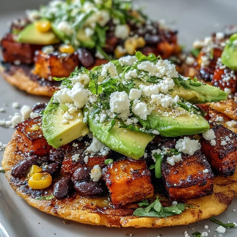 Tostadas topped with smoky sweet potato, corn, cilantro, creamy avocado slices, and feta cheese.
